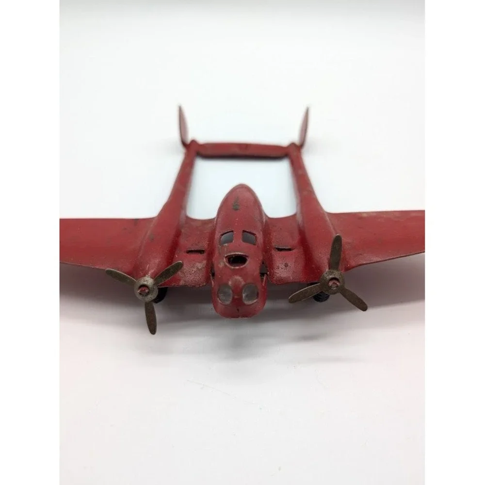 Vintage 30s Wyandotte Crusader P-38 Fighter Plane Pressed Steel Toy Military Red